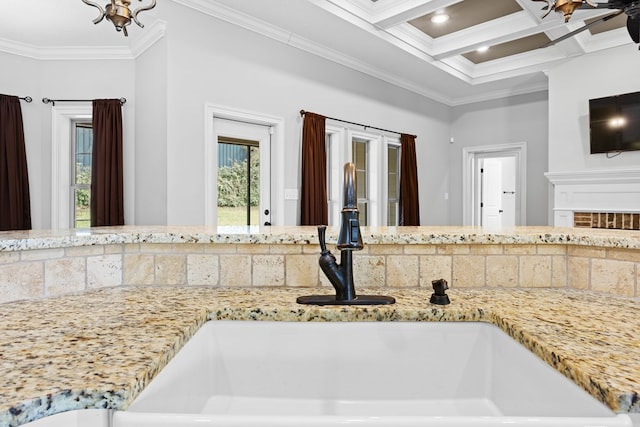 bathroom featuring coffered ceiling, ornamental molding, a sink, beam ceiling, and recessed lighting