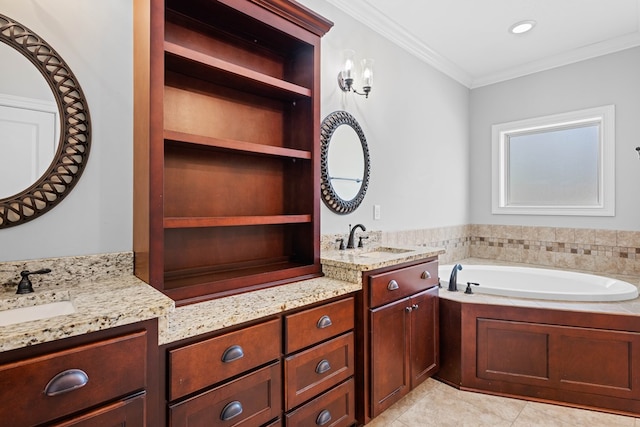 full bathroom with a garden tub, crown molding, recessed lighting, vanity, and tile patterned flooring