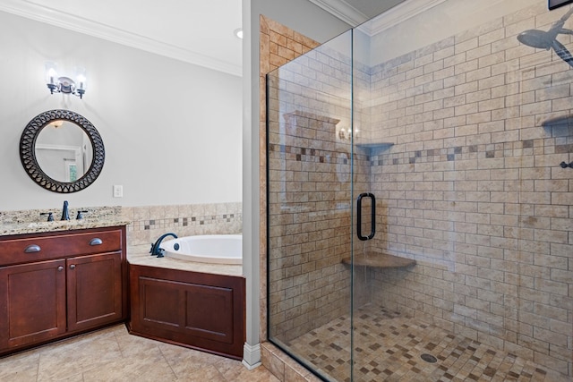 full bath with crown molding, a shower stall, vanity, a bath, and tile patterned floors