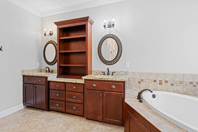 full bath with crown molding, a sink, and double vanity