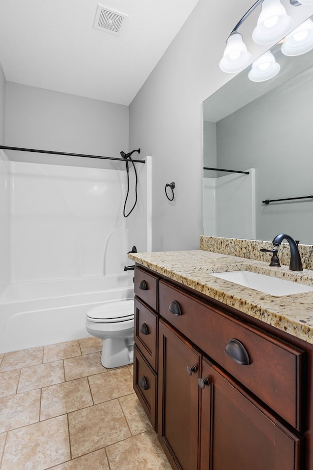 full bathroom with visible vents, toilet, tile patterned flooring, vanity, and shower / bathing tub combination