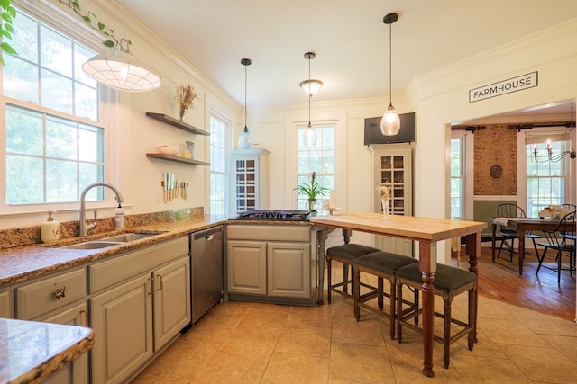 7552 Webb Rd, Hahira, GA 31632 - kitchen with appliances with stainless steel finishes, crown molding, wainscoting, open shelves, and hanging light fixtures
