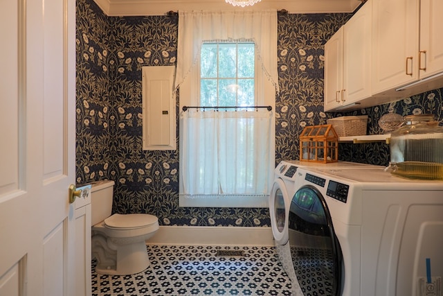 7552 Webb Rd, Hahira, GA 31632 - bathroom featuring washer and clothes dryer, wallpapered walls, and electric panel