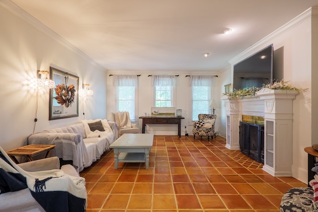 7552 Webb Rd, Hahira, GA 31632 - living room featuring ornamental molding, tile patterned flooring, and a fireplace