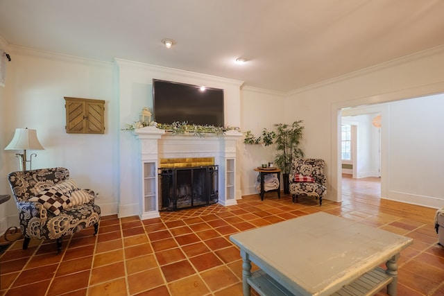 7552 Webb Rd, Hahira, GA 31632 - tiled living room with ornamental molding and a fireplace