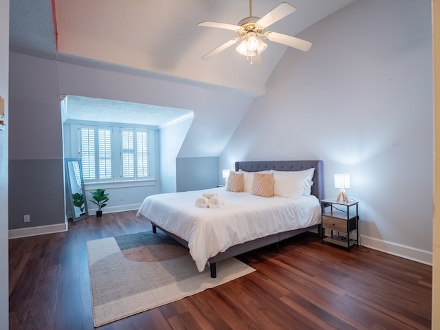 103 W Moore St, Valdosta, GA 31602 - bedroom with wood finished floors, baseboards, lofted ceiling, and ceiling fan