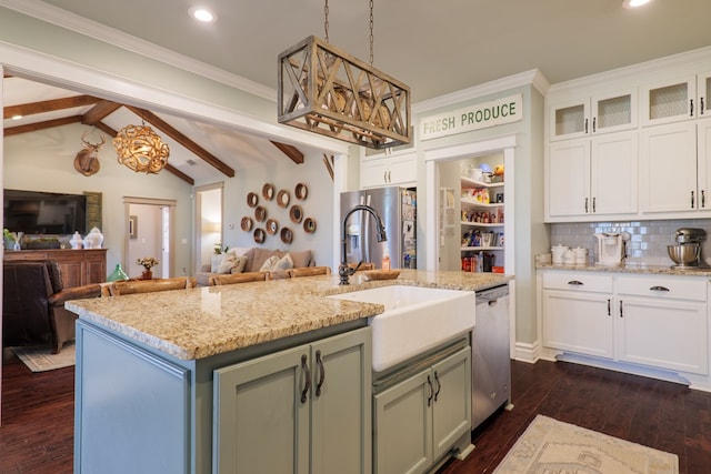 7351 Woodbend Trl, Hahira, GA 31632 - kitchen with dishwasher, open floor plan, white cabinets, recessed lighting, and dark wood-style floors