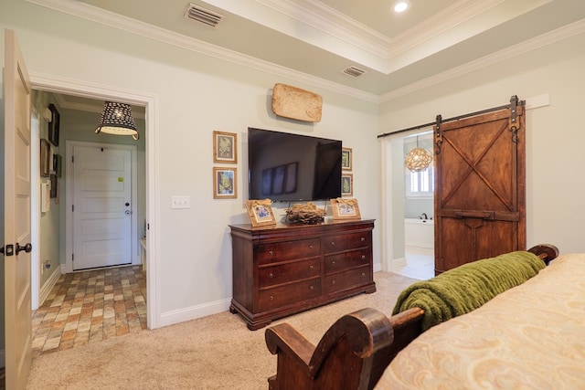 7351 Woodbend Trl, Hahira, GA 31632 - carpeted bedroom with crown molding and a barn door