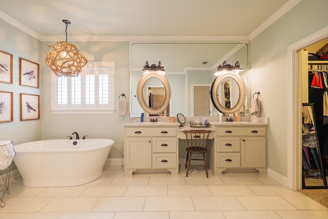 7351 Woodbend Trl, Hahira, GA 31632 - full bath with vanity, a freestanding bath, a walk in closet, crown molding, and a chandelier