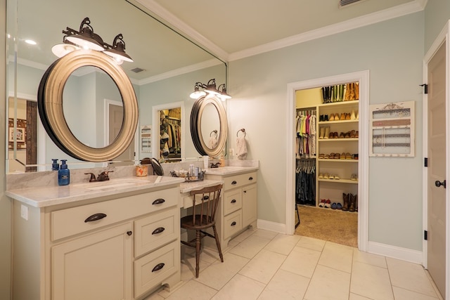 7351 Woodbend Trl, Hahira, GA 31632 - bathroom featuring ornamental molding, double vanity, and a walk in closet
