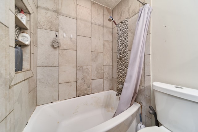 bathroom featuring toilet and shower / bathtub combination with curtain