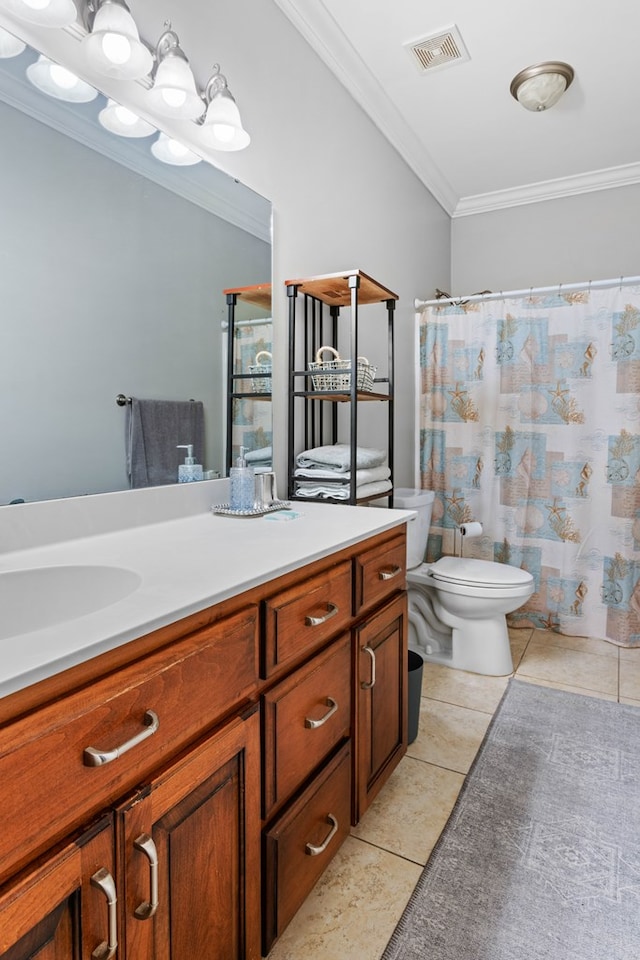 bathroom featuring vanity, a shower with curtain, tile patterned flooring, toilet, and ornamental molding