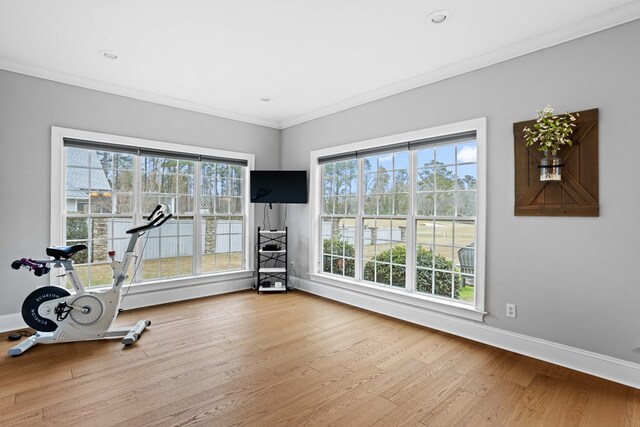 workout area with light wood-type flooring and ornamental molding