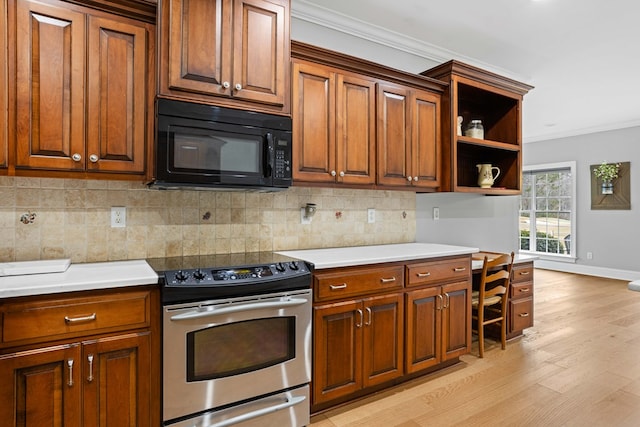 kitchen with light wood-type flooring, crown molding, stainless steel range with electric cooktop, and backsplash