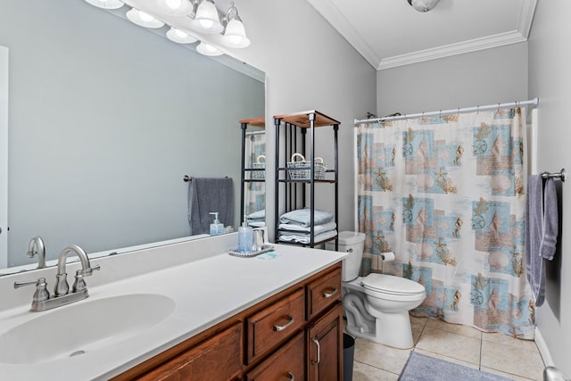 bathroom featuring ornamental molding, vanity, tile patterned flooring, toilet, and curtained shower