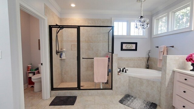 full bathroom with separate shower and tub, toilet, and crown molding