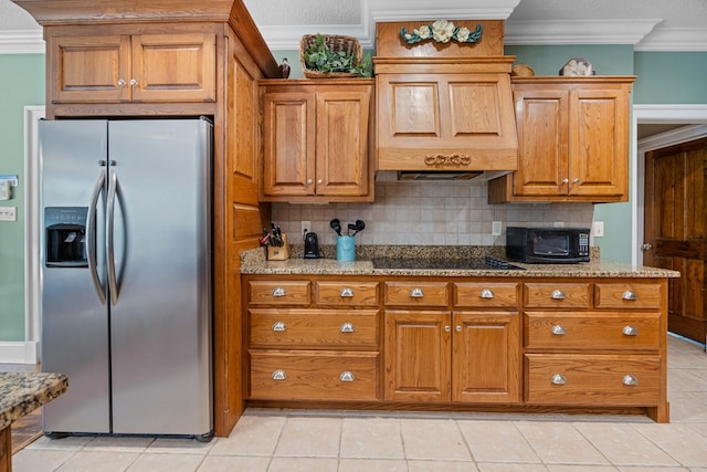 4155 Quail Run Cir, Valdosta, GA 31601 - kitchen featuring black appliances, ornamental molding, tasteful backsplash, and brown cabinets
