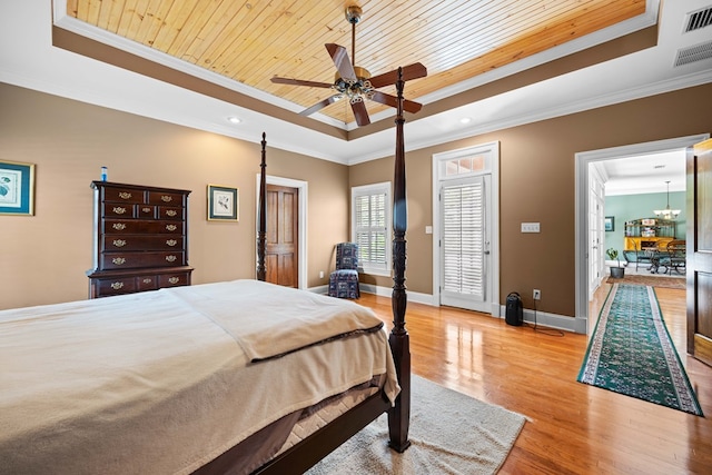 4155 Quail Run Cir, Valdosta, GA 31601 - bedroom featuring a raised ceiling, crown molding, wood ceiling, wood finished floors, and recessed lighting