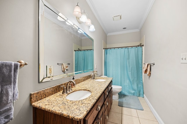 4155 Quail Run Cir, Valdosta, GA 31601 - full bathroom with double vanity, tile patterned flooring, ornamental molding, and a shower with shower curtain