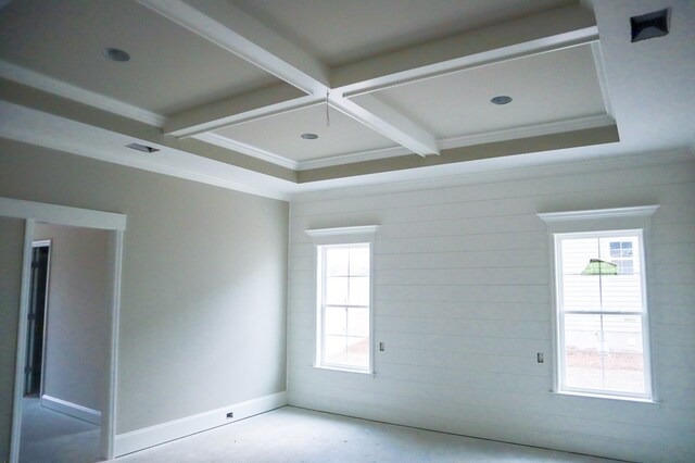 spare room with concrete flooring, crown molding, and plenty of natural light