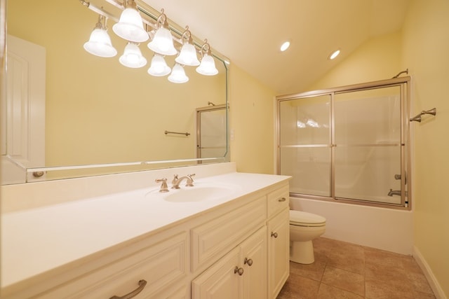 full bath with toilet, lofted ceiling, enclosed tub / shower combo, tile patterned floors, and vanity