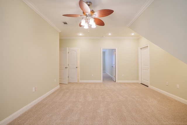 interior space featuring recessed lighting, visible vents, light carpet, ceiling fan, and baseboards