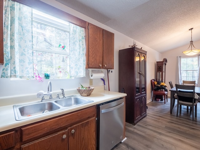 kitchen featuring hanging light fixtures, plenty of natural light, sink, and dishwasher