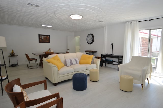 living room featuring a textured ceiling and light hardwood / wood-style flooring