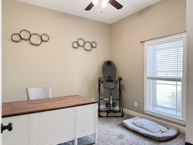 unfurnished office with carpet floors, a ceiling fan, and baseboards