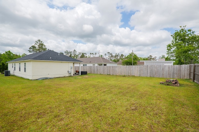 view of yard with a fenced backyard and central AC