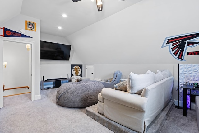 interior space featuring recessed lighting, lofted ceiling, a ceiling fan, and baseboards