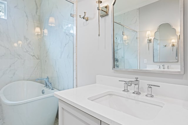 full bathroom featuring a soaking tub, vanity, and a marble finish shower