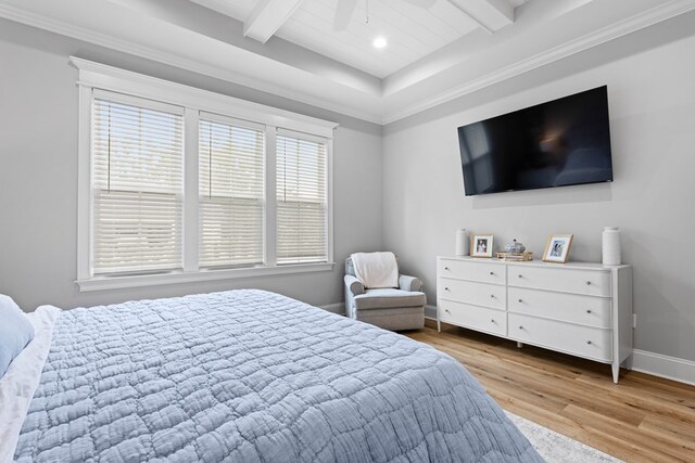 bedroom featuring recessed lighting, a ceiling fan, light wood-type flooring, beam ceiling, and baseboards