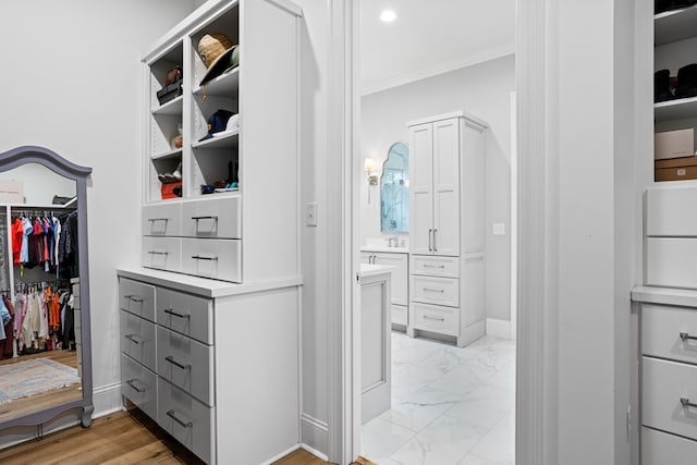 spacious closet featuring marble finish floor and a sink