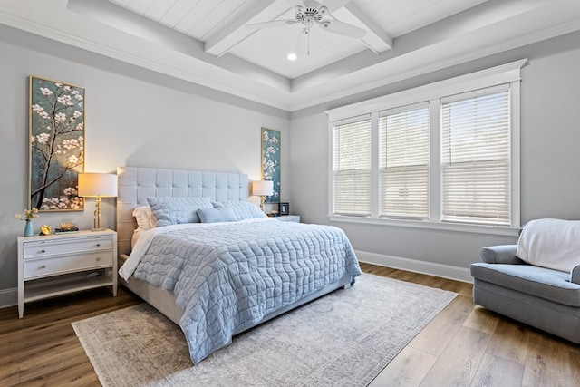 bedroom with beam ceiling, baseboards, recessed lighting, a ceiling fan, and wood finished floors