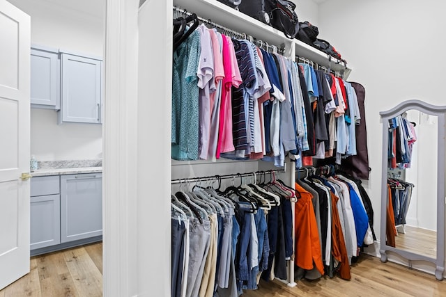 walk in closet with light wood-style flooring