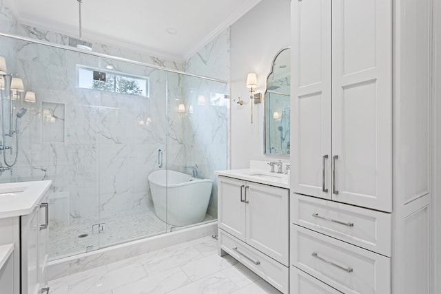 full bath with marble finish floor, vanity, a soaking tub, and a marble finish shower