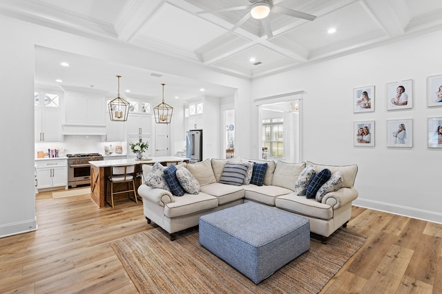living room featuring recessed lighting, a ceiling fan, beam ceiling, and light wood-style floors