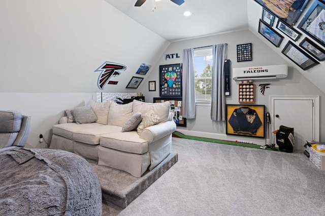 living room featuring vaulted ceiling, a wall mounted AC, a ceiling fan, and carpet floors