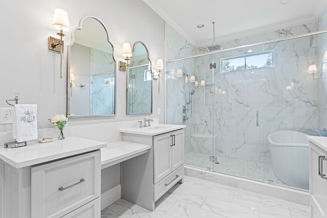 bathroom featuring a marble finish shower, a freestanding tub, marble finish floor, vanity, and ornamental molding