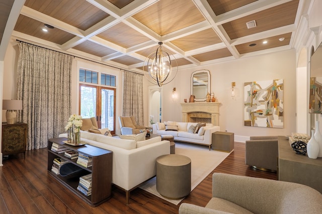 living room with beam ceiling, dark hardwood / wood-style floors, and coffered ceiling