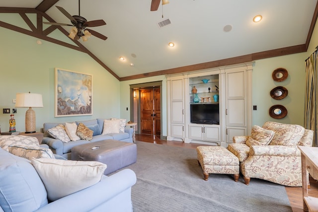 living room featuring beam ceiling, light wood-type flooring, high vaulted ceiling, and ceiling fan