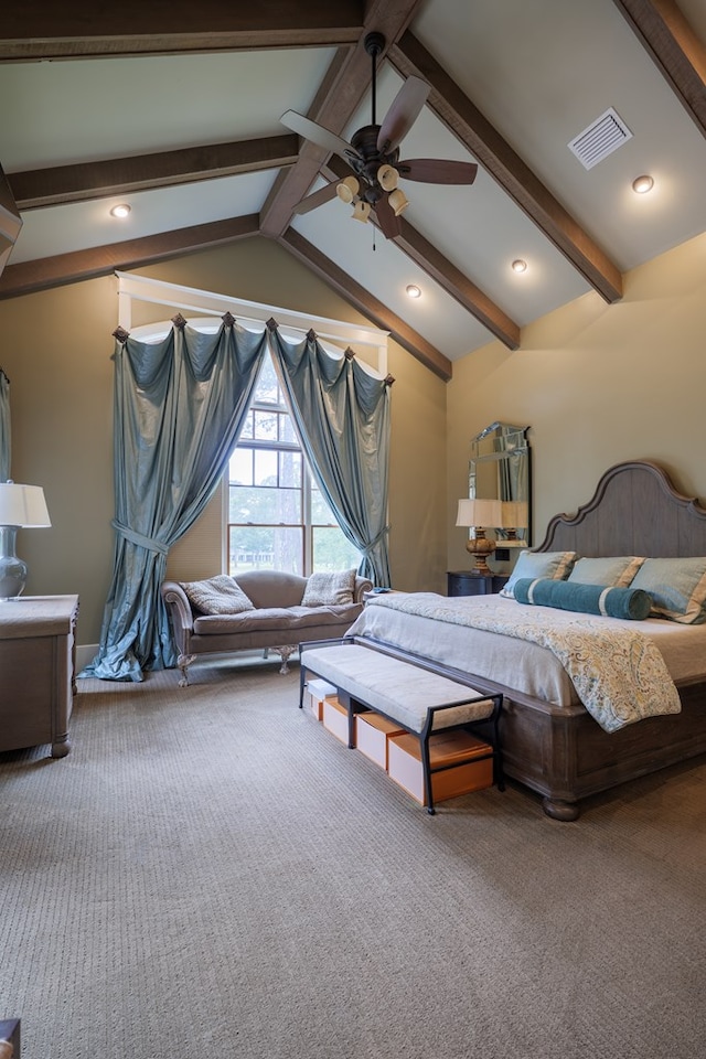 bedroom featuring carpet flooring, vaulted ceiling with beams, and ceiling fan