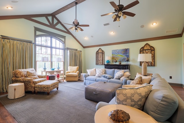 living room with beam ceiling, ceiling fan, high vaulted ceiling, and wood-type flooring