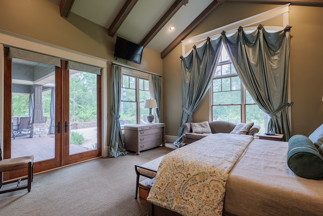 bedroom featuring light carpet, french doors, lofted ceiling with beams, and access to outside