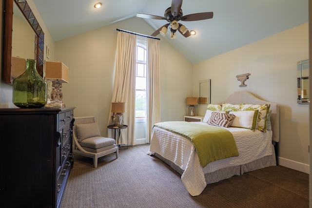 bedroom with carpet flooring, ceiling fan, and vaulted ceiling