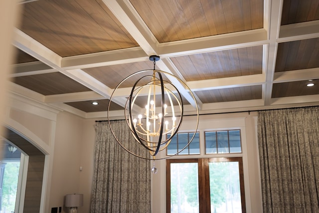 details with beam ceiling, wooden ceiling, coffered ceiling, and a notable chandelier