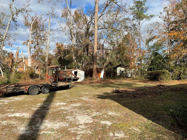 view of yard featuring a storage unit