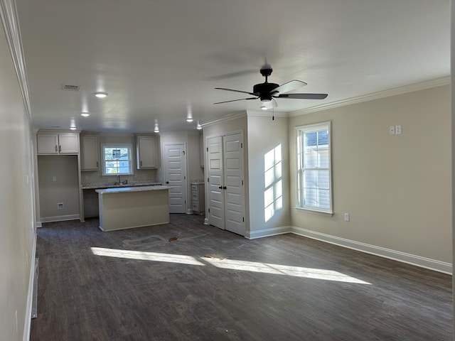 kitchen featuring ornamental molding, a center island, dark hardwood / wood-style floors, and a healthy amount of sunlight