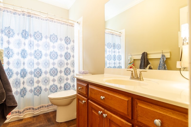bathroom featuring toilet, a shower with shower curtain, vanity, and wood finished floors